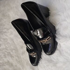 Marc Fisher Glossy Black Grannycore Preppy Chunky Heel Loafers with Chain Accent